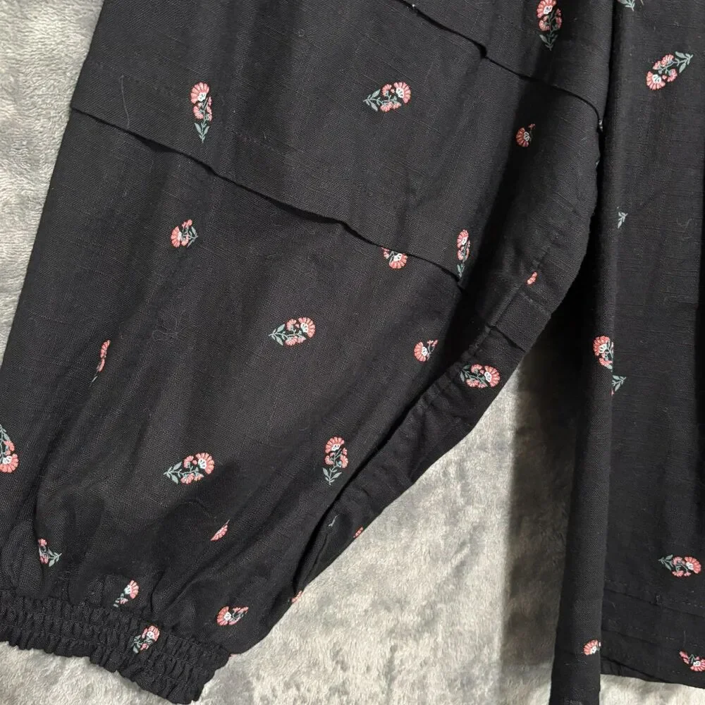 Old Navy Boho Embroidered Black Floral Top Sz 2X Puff Sleeves